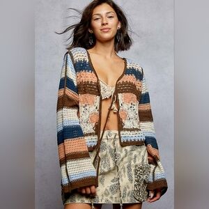 1-0406 POL Boho Retro Crochet Open-Front Cardigan Sweater - Boutique